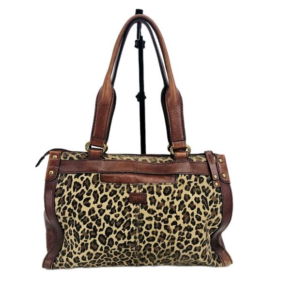 Vintage Fossil Brown Pebbled Leather & Leopard Animal Print Suede Tote Bag READ - Picture 1 of 16